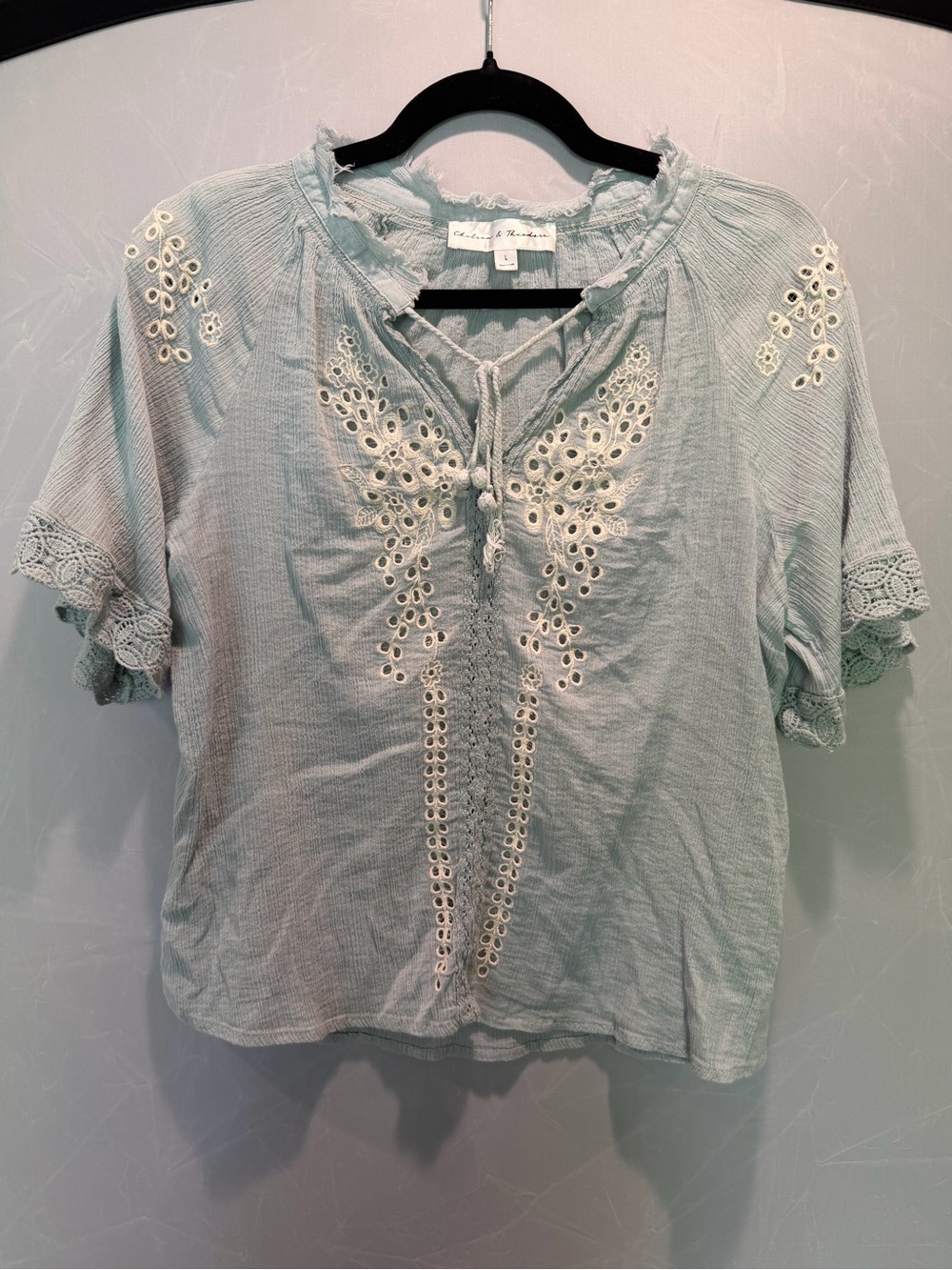 Chelsea & Theodore Light Blue Embroidered Boho Top